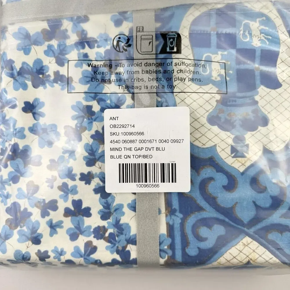 Anthropologie Mind The Gap Duvet Cover QUEEN Blue Cotton Floral Horses New